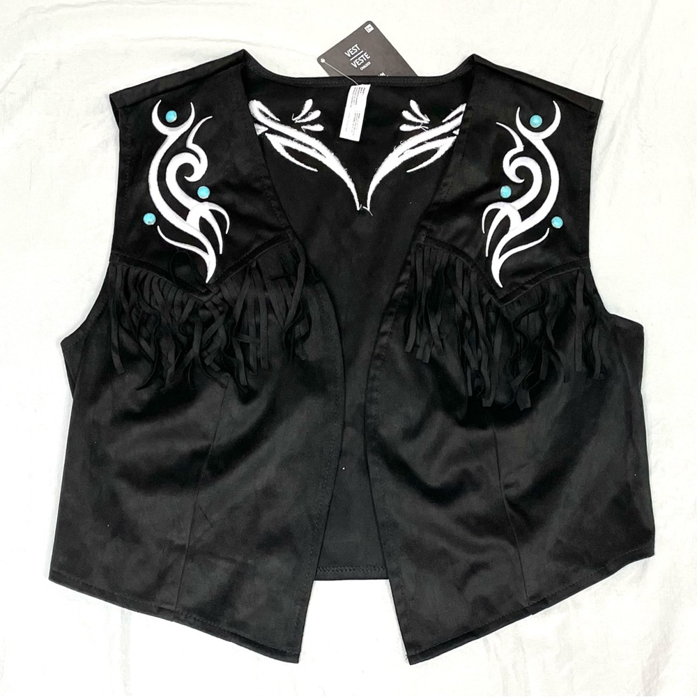 AMSCAN COWGIRL VEST Adult Black Faux Suede with Fringe size S  NWT - Picture 2 of 11